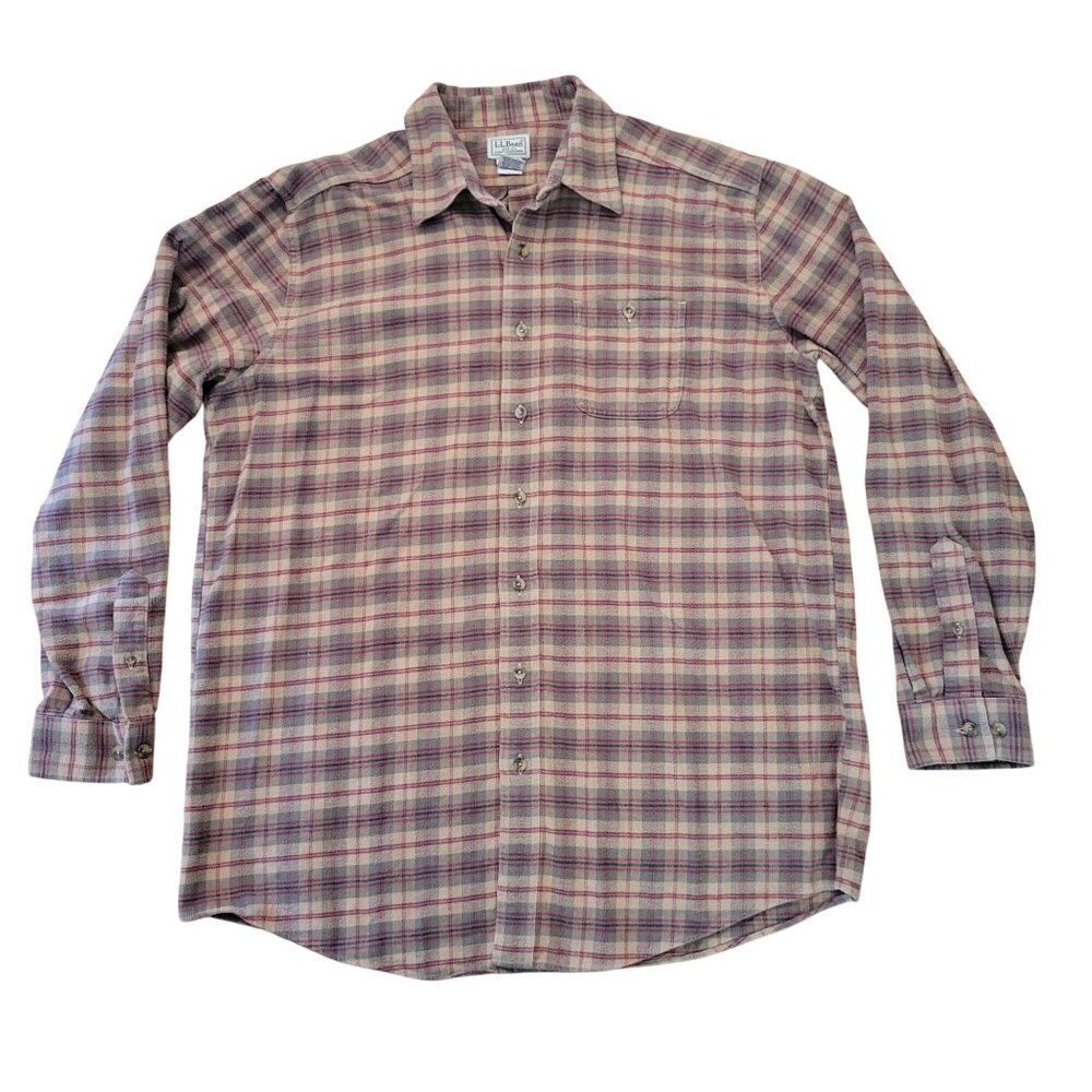 L.L. Bean Men's Long Sleeve Button-Down Plaid Shirt in Beige and Burgundy